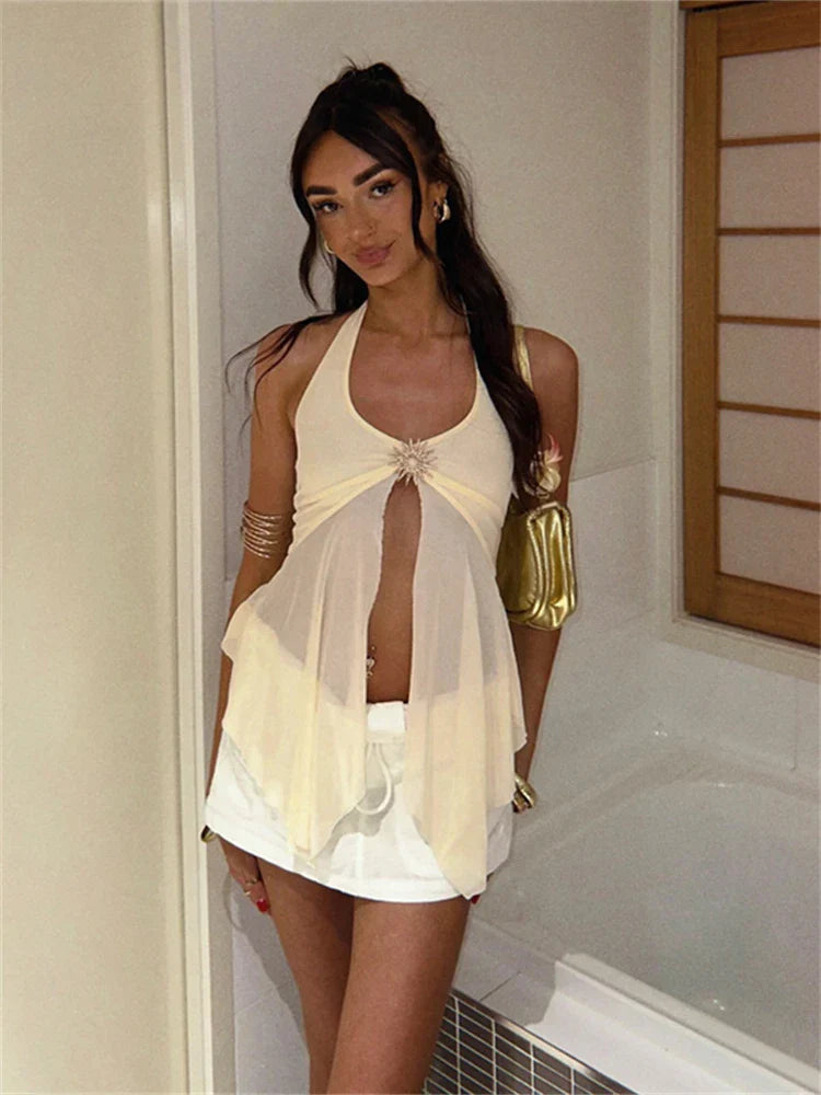 TieBack Patchwork Mesh Tank Sheer Top