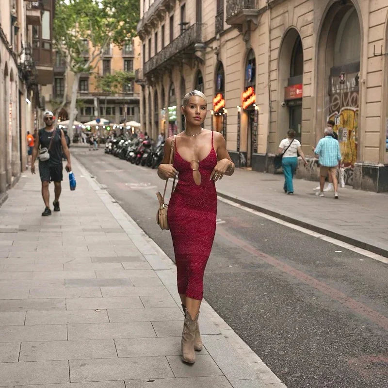Metallic Knit V-Neck Ring Keyhole Cut Out Bodycon Midi Dress 9