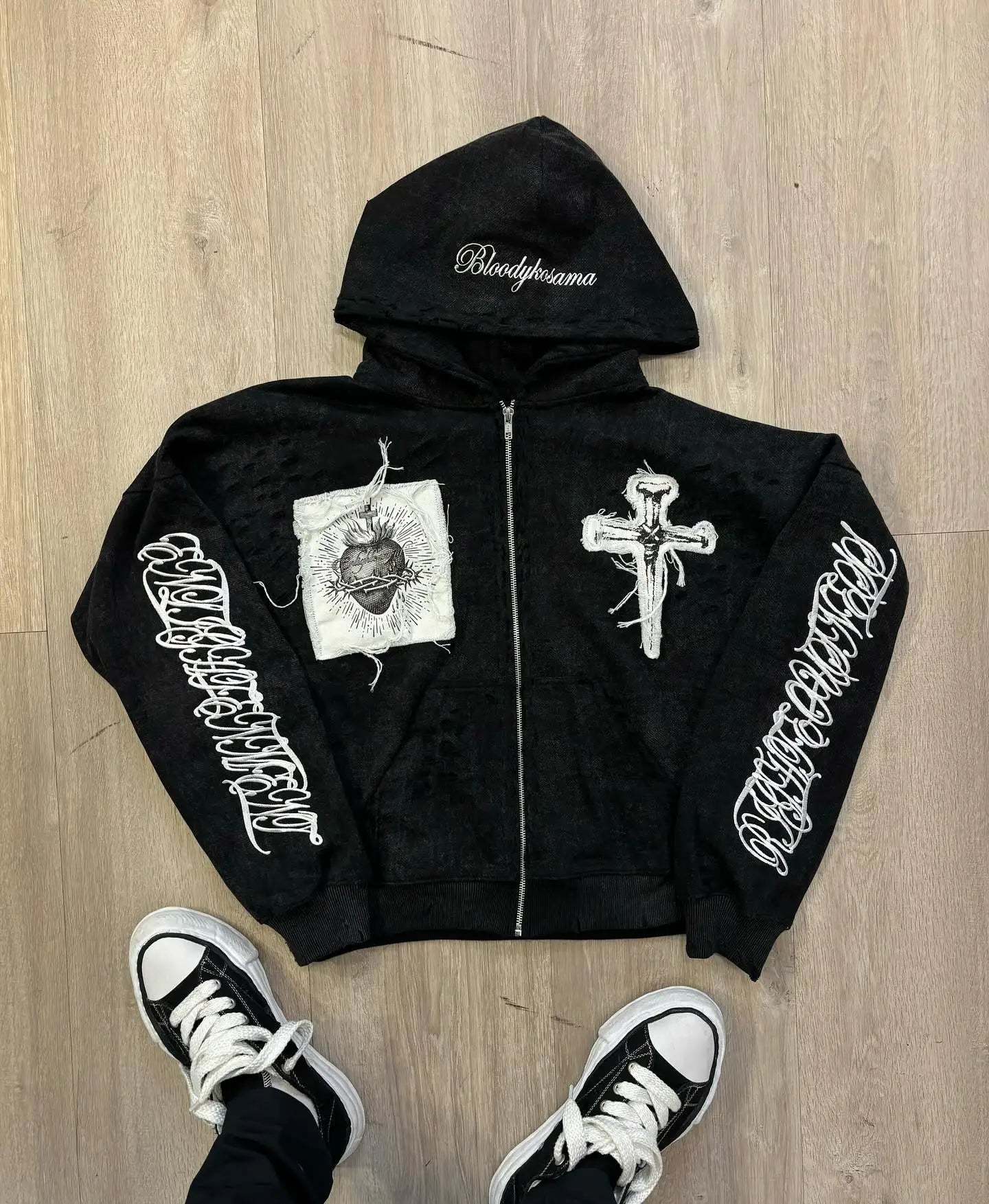 Embroidered Cross Zip Up Hoodie