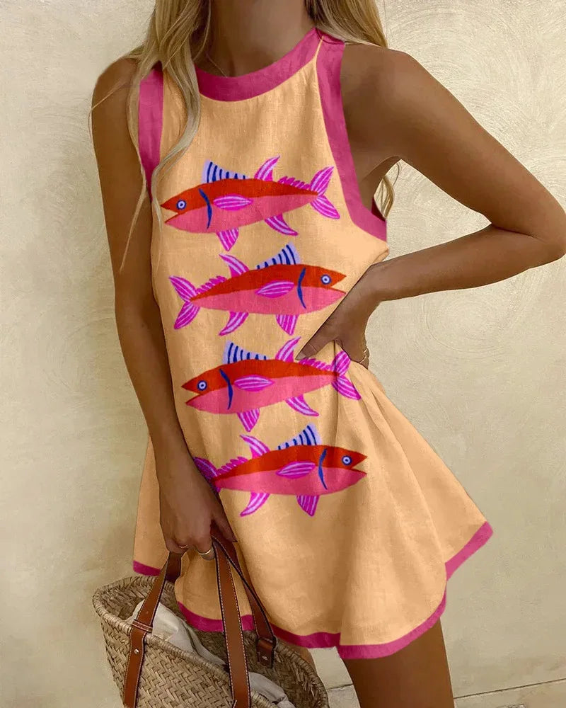 Fish Print Crew Neck Sleeveless Ringer Mini Dress