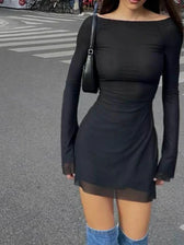 Mesh Off Shoulder Sheer Sleeve Mini Dress