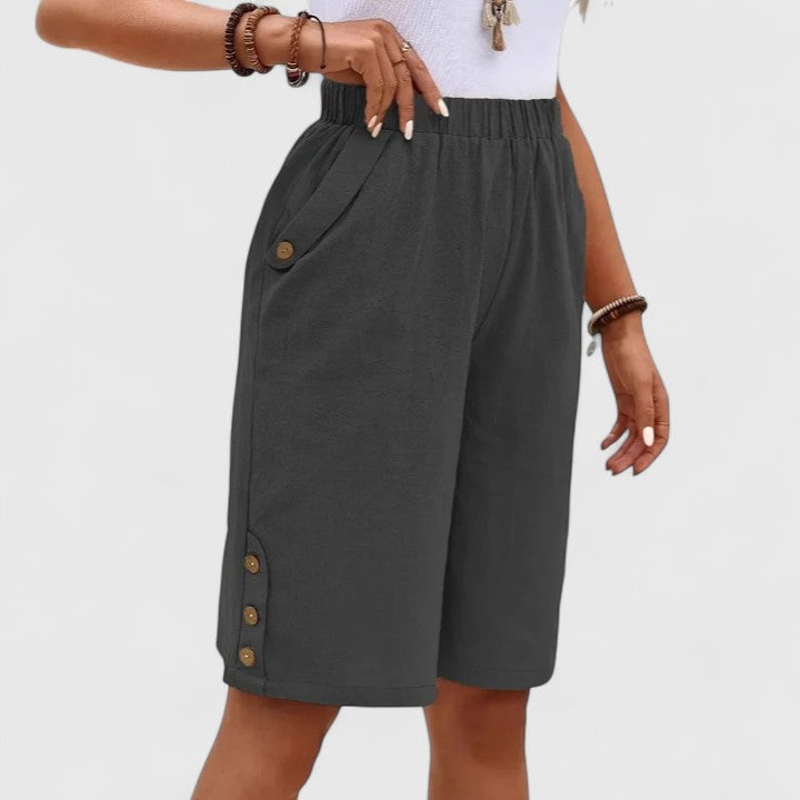 High Waist Side Button Knee Length Bermuda Shorts