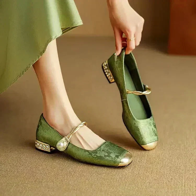Square Toe Twist Strap Embellished Low Block Heel Mary Jane Pumps