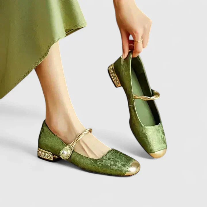 Square Toe Metallic Cap Twist Strap Mary Jane Flats