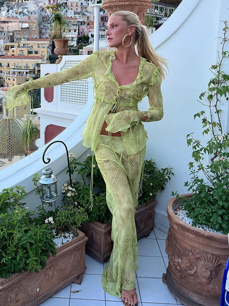 Y2K Mesh Edition Green Bodycon Maxi Dress