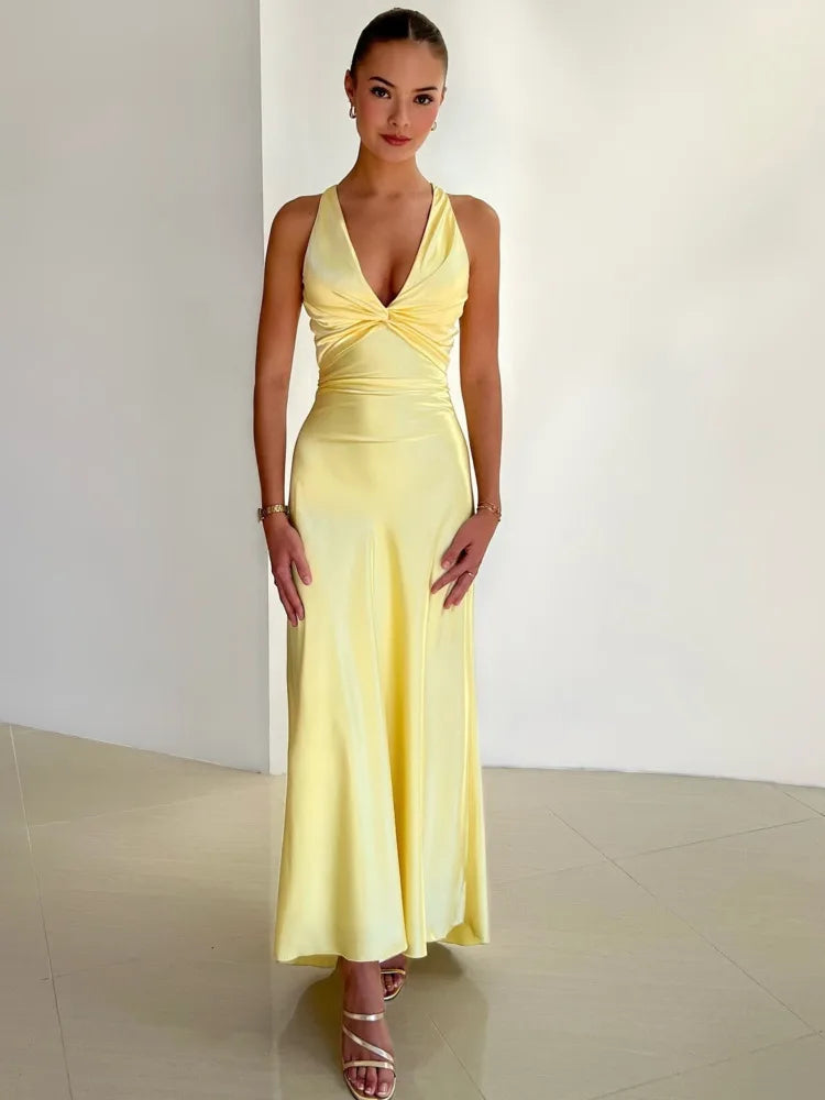 Satin Deep V-Neck Twist Front Ruched Sleeveless Maxi Dress