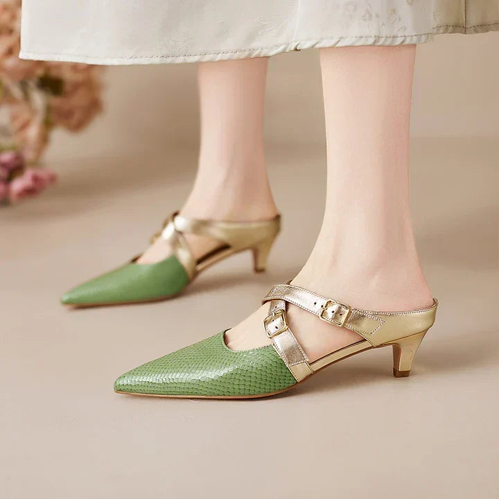 Pointed Toe Cross Ankle Strap Buckle Slingback Heels
