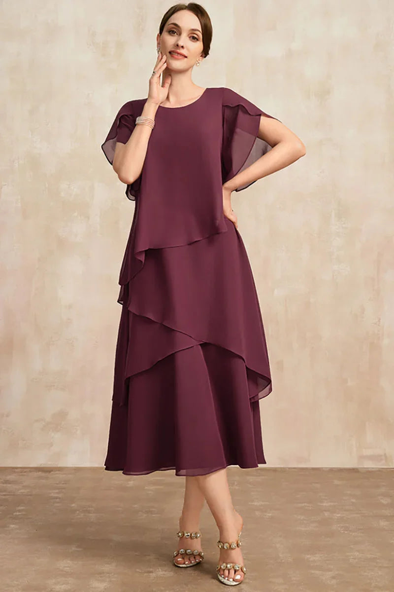 Belle - Flowy Short Sleeve Irregular Layered Long Dress Red