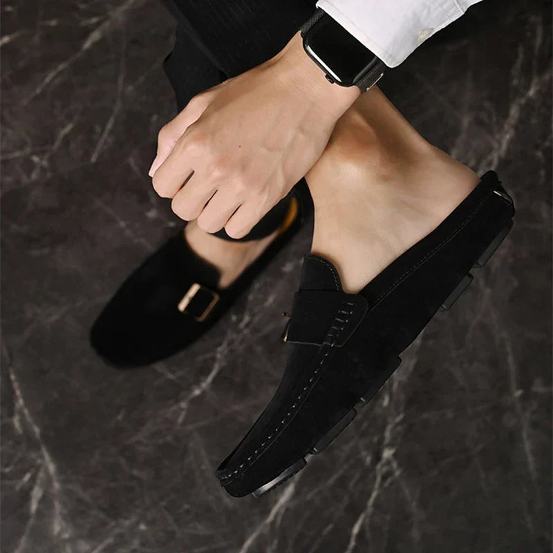 Suede Look Buckle Strap Backless Loafer Mules