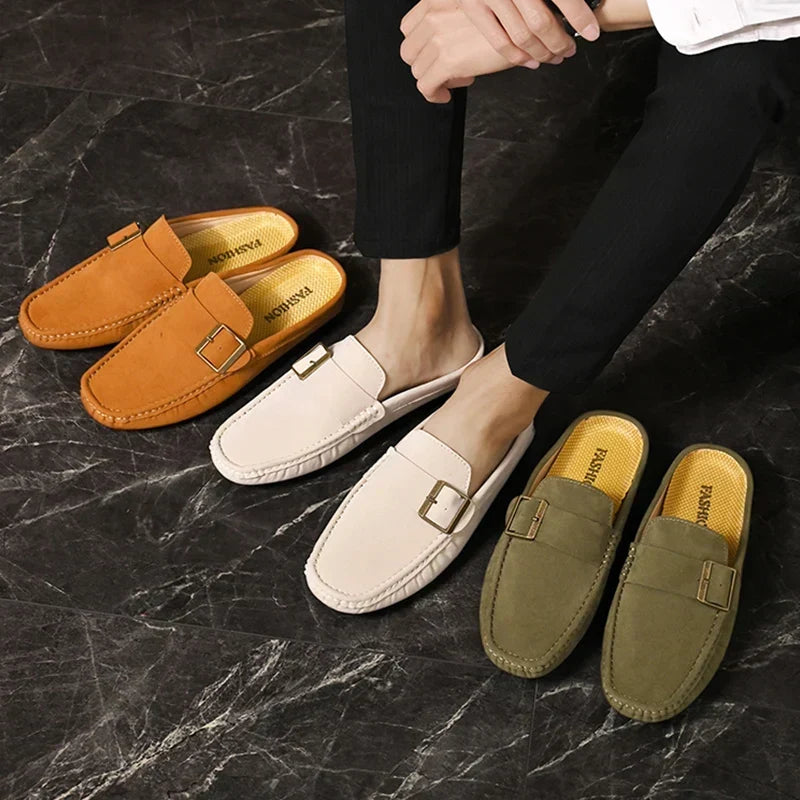 Suede-Look Buckle Backless Loafer Mules