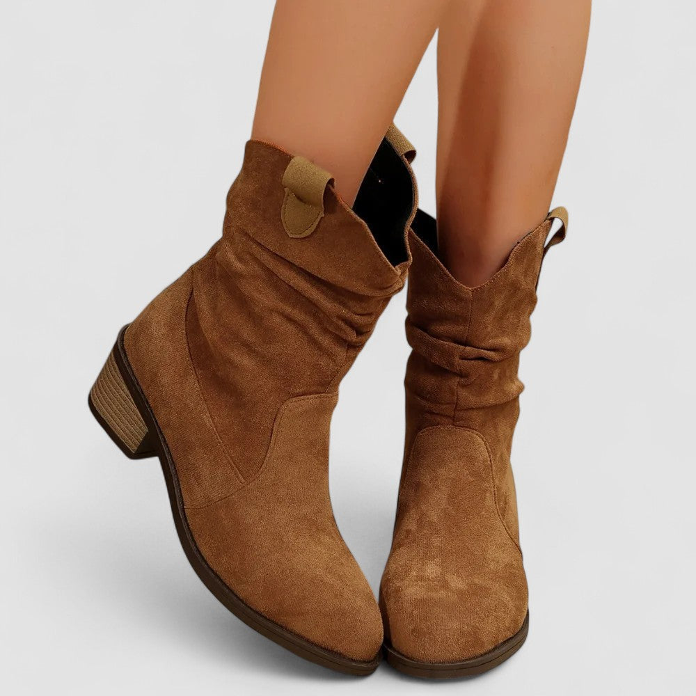 Suede Look Slouch Pointed Toe Block Heel Western Boots