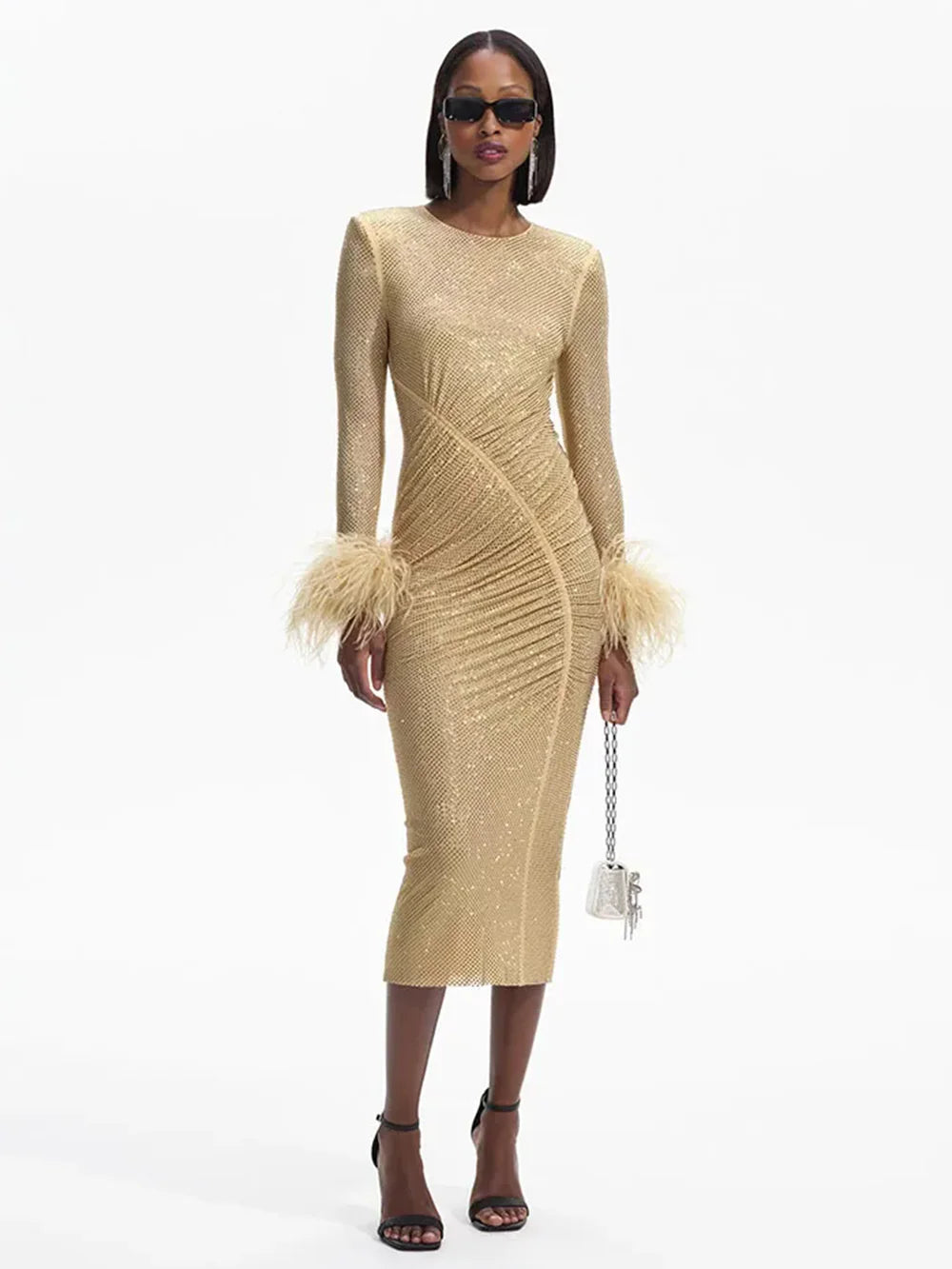 Crew Neck Long Sleeve Feather Cuff Rhinestone Mesh Ruched Midi Dress 3