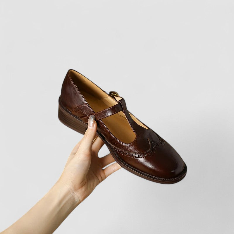 Round Toe T-Strap Buckle Brogue Mary Jane Flats