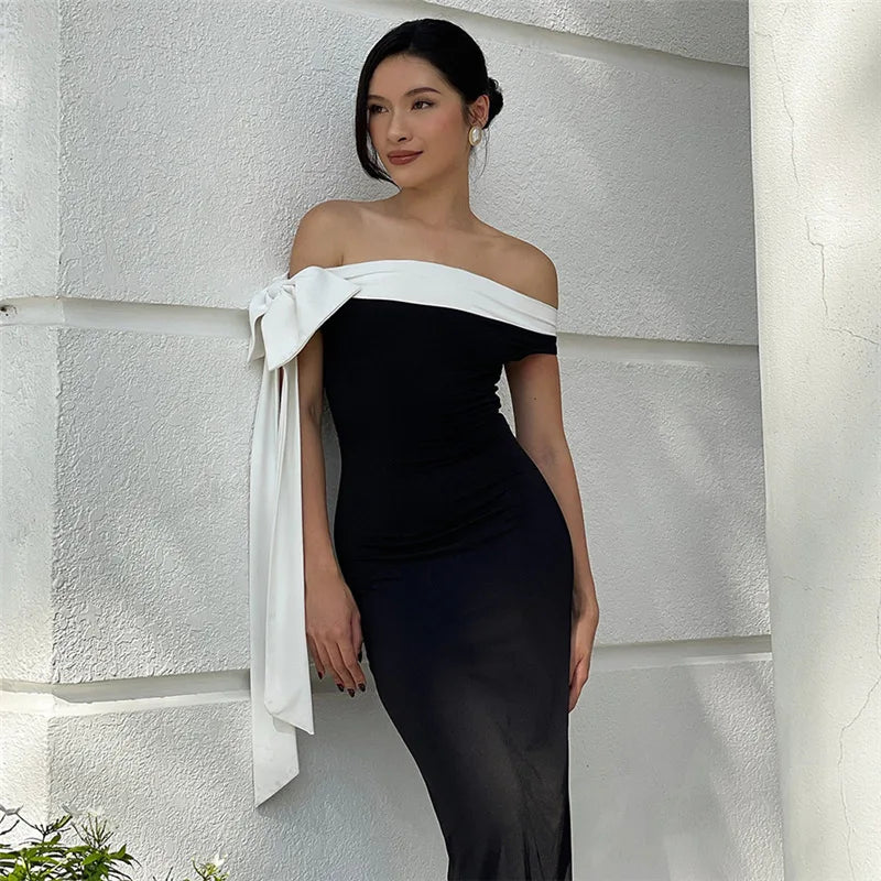 Contrast Trim Off Shoulder Bow Sash Bodycon Midi Dress 19
