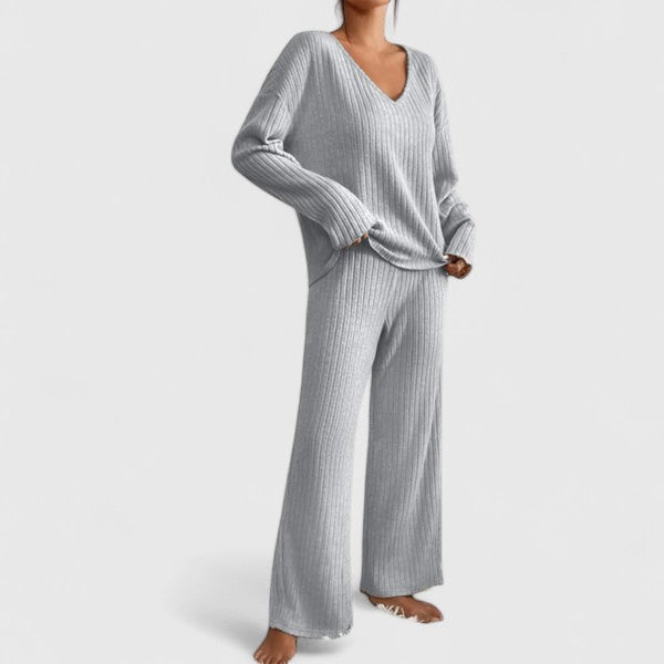 V-Neck Long Sleeve Ribbed Knit Top and Wide Leg Pants Two Piece Set
