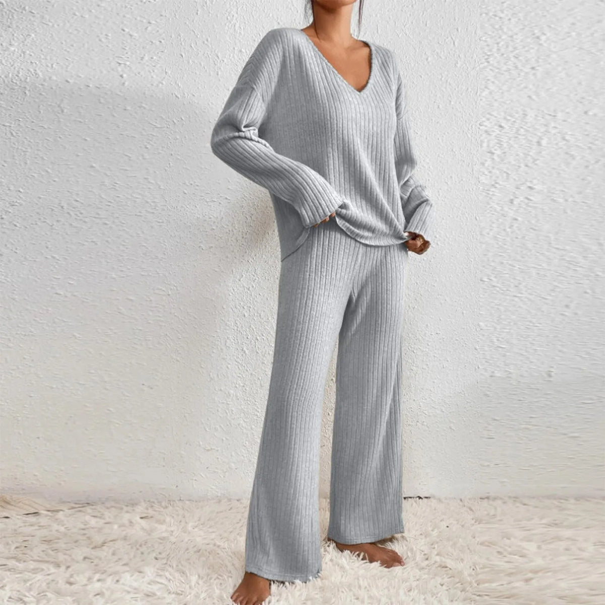 Ribbed Knit V-Neck Long Sleeve Top and Wide Leg Pants Two Piece Set