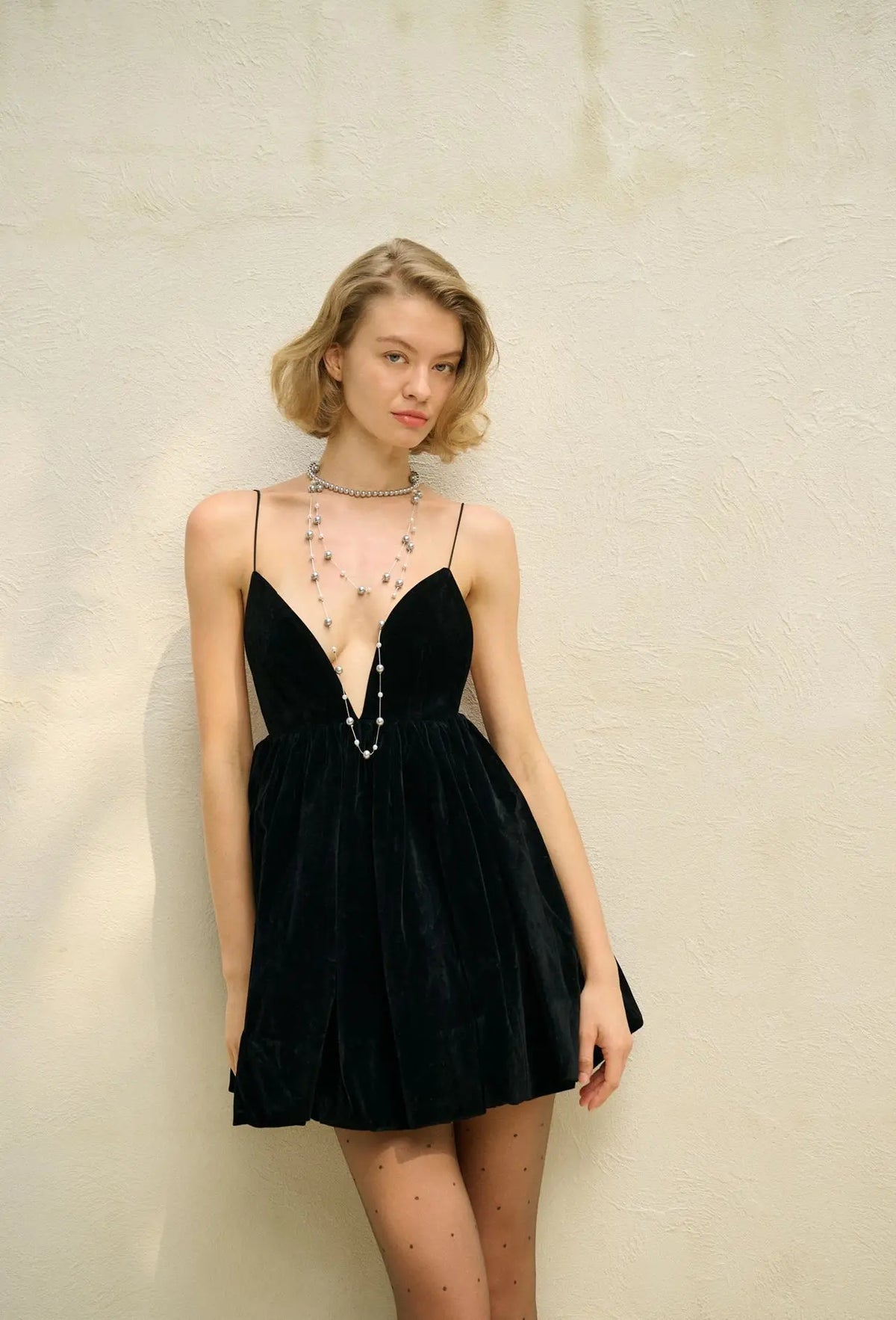 Velvet Deep V-Neck Spaghetti Strap Bubble Hem Mini Dress 6