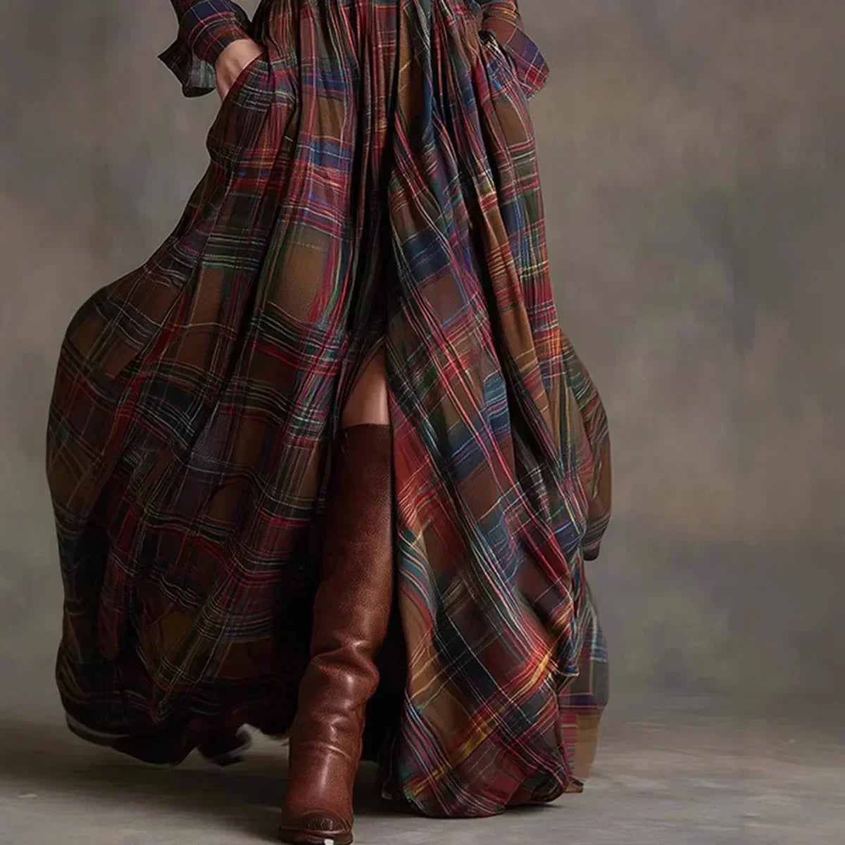 Plaid Belted Long Sleeve High Low Maxi Shirt Dress