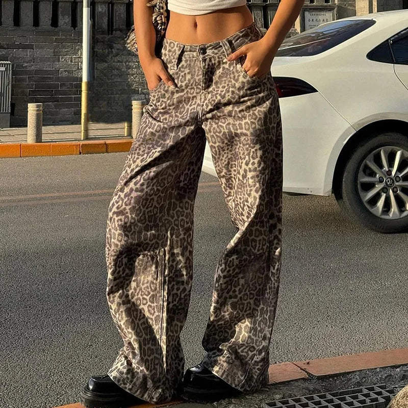 Leopard Print Low Waist Wide Leg Baggy Jeans 24