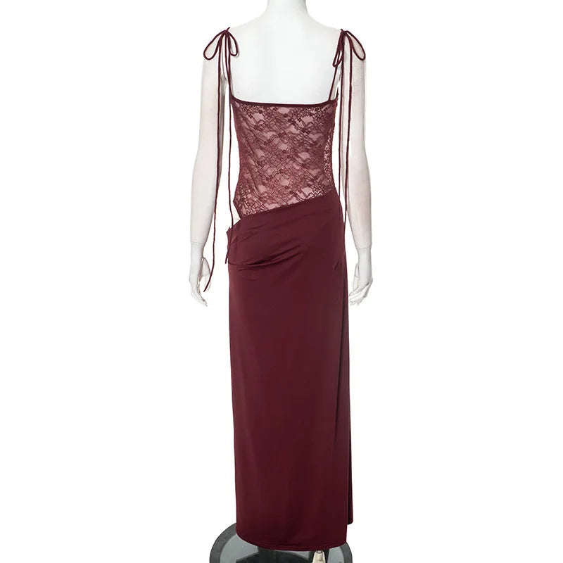 Spaghetti Strap Sheer Lace Waist Panel Bodycon Maxi Dress 9