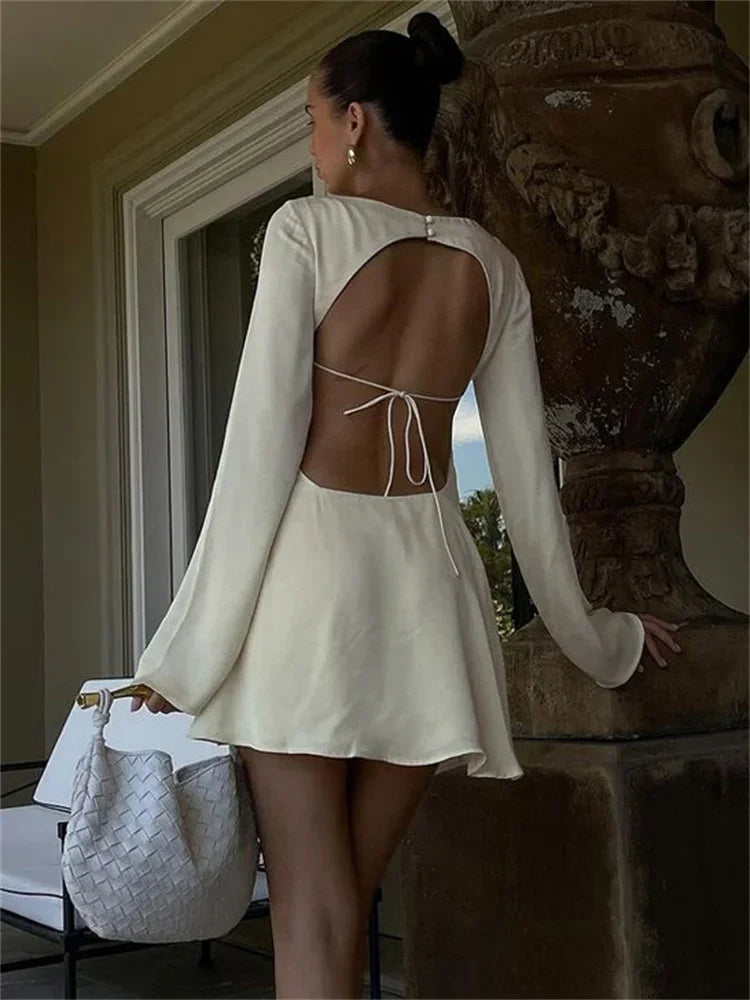 Satin Cowl Neck Long Flare Sleeve Party Mini Dress 3