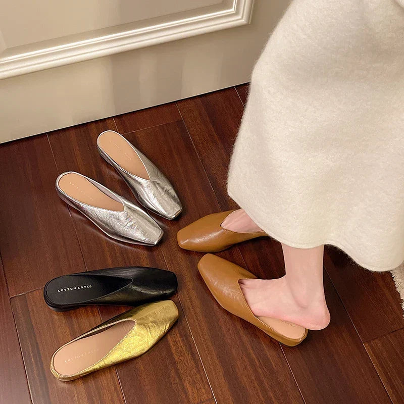 Metallic Square Toe Flat Mules