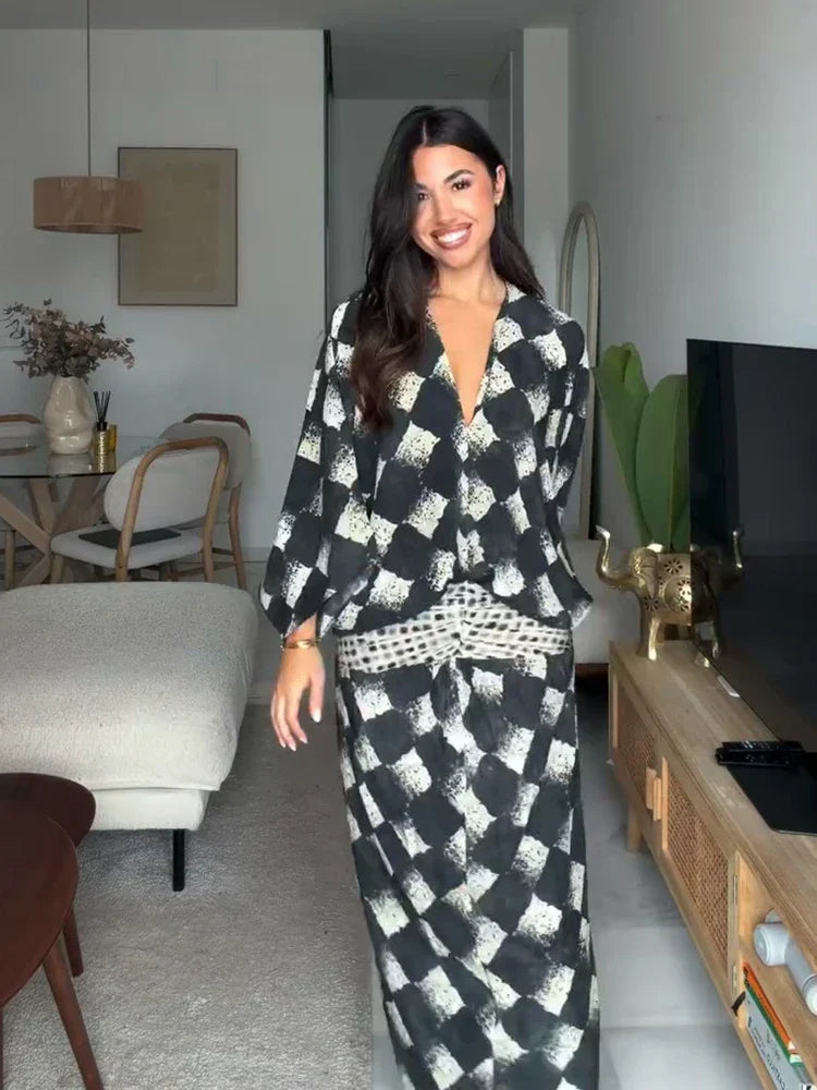 Checkerboard Print Kimono Sleeve Top and Wide Leg Pants Two Piece Set