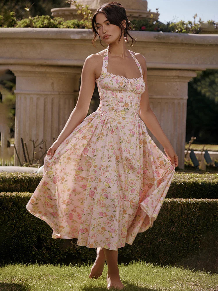Print Wrap Aline Halter Midi Summer Dress