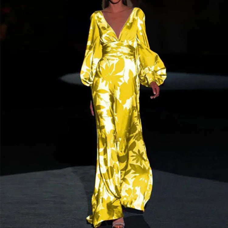 Floral Deep V-Neck Puff Sleeve Maxi Dress 3
