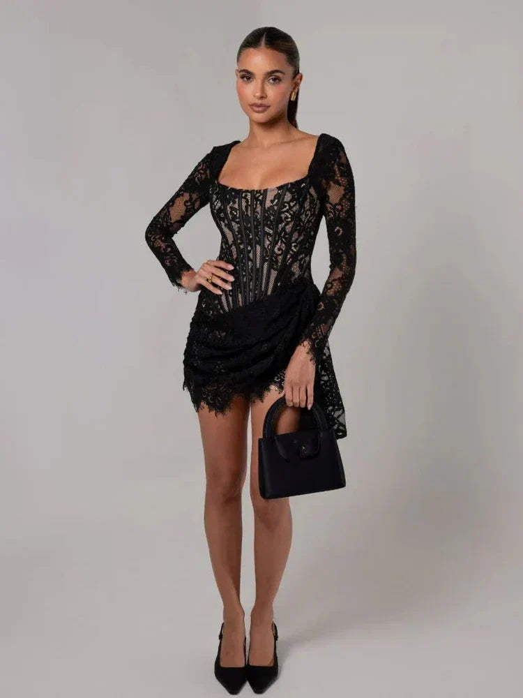 Lace Square Neck Long Sleeve Corset Ruched Mini Dress 5
