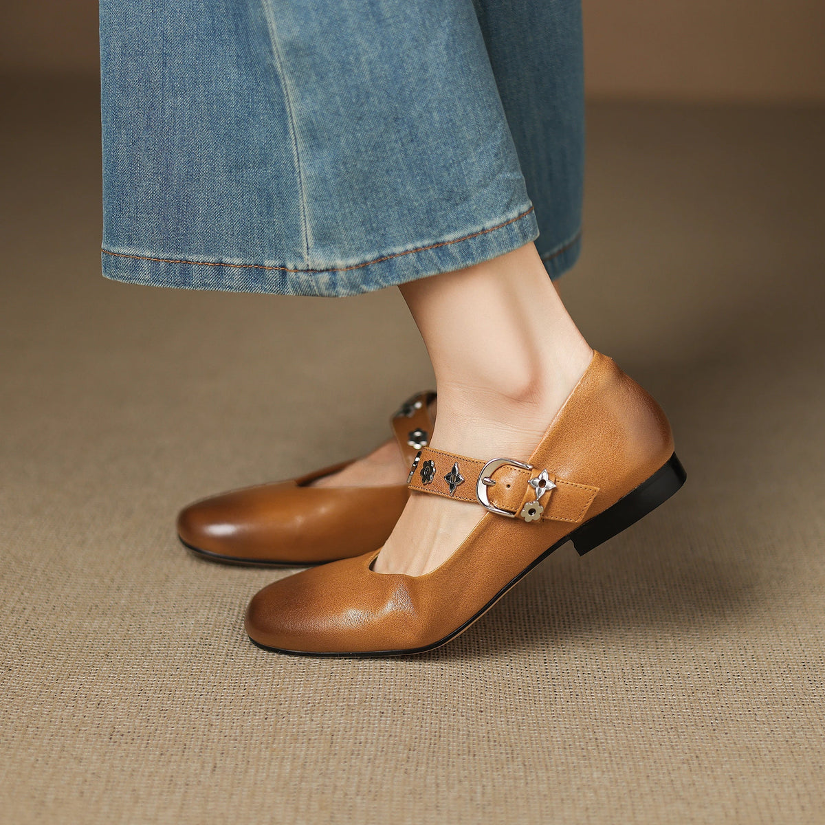Square Toe Buckle Strap Mary Jane Flats