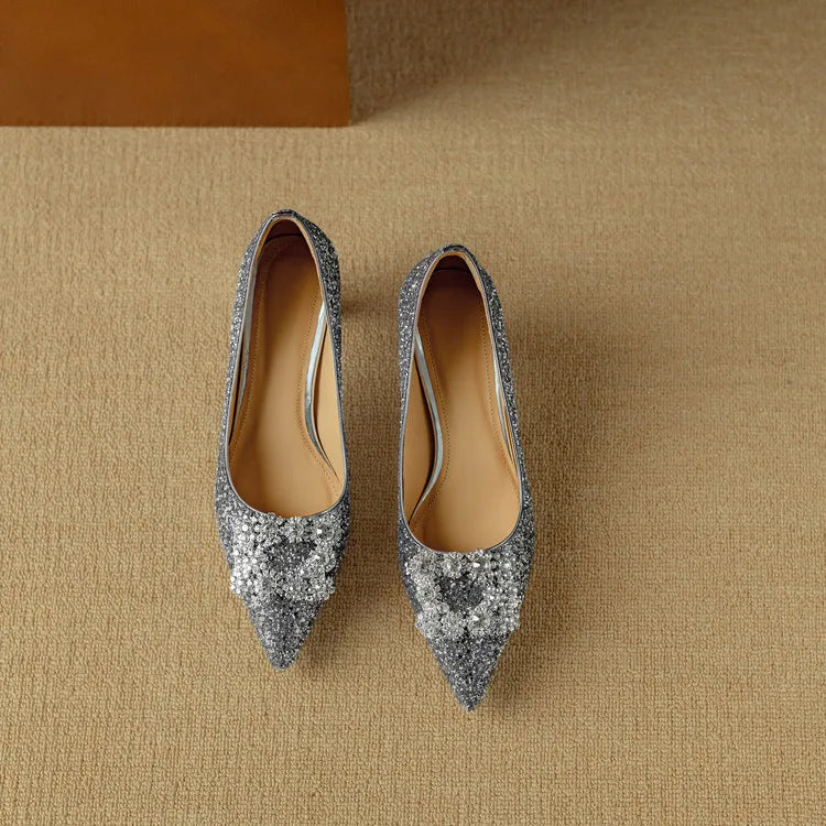 Glitter Pointed Toe Embellished Block Heel Pumps