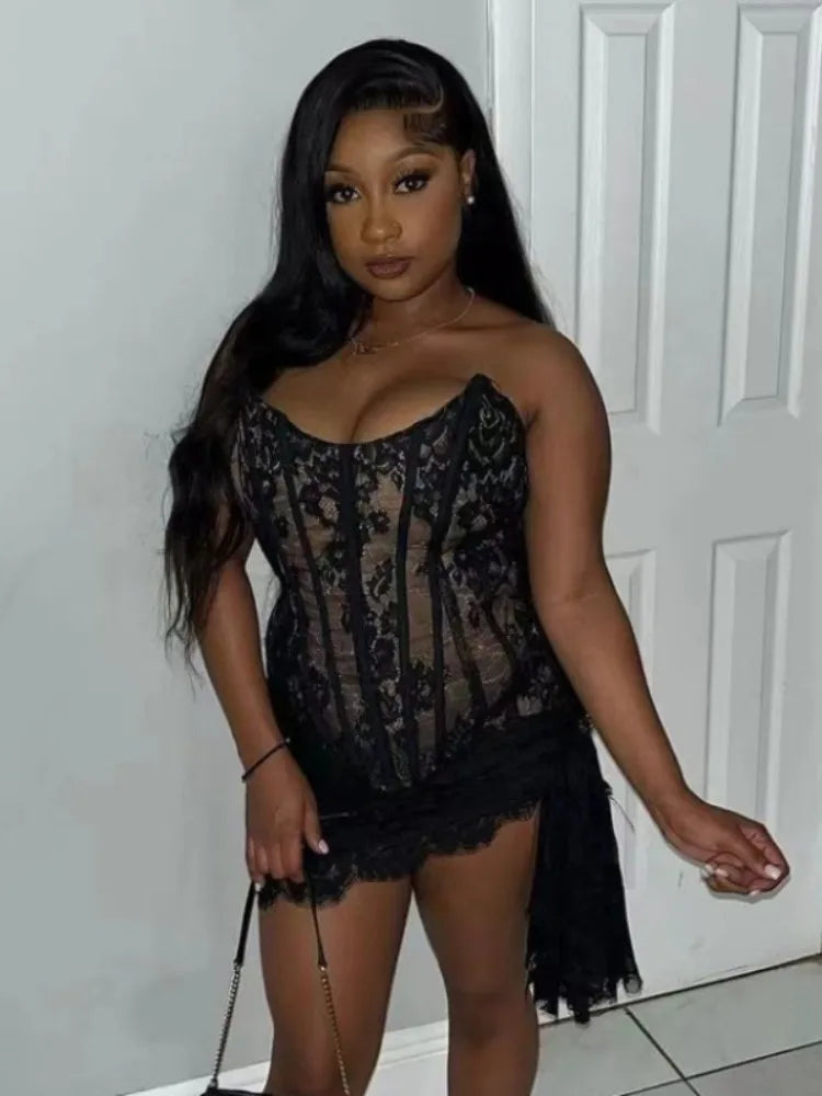 Strapless Sheer Lace Corset Scalloped Hem Bodycon Mini Dress 3