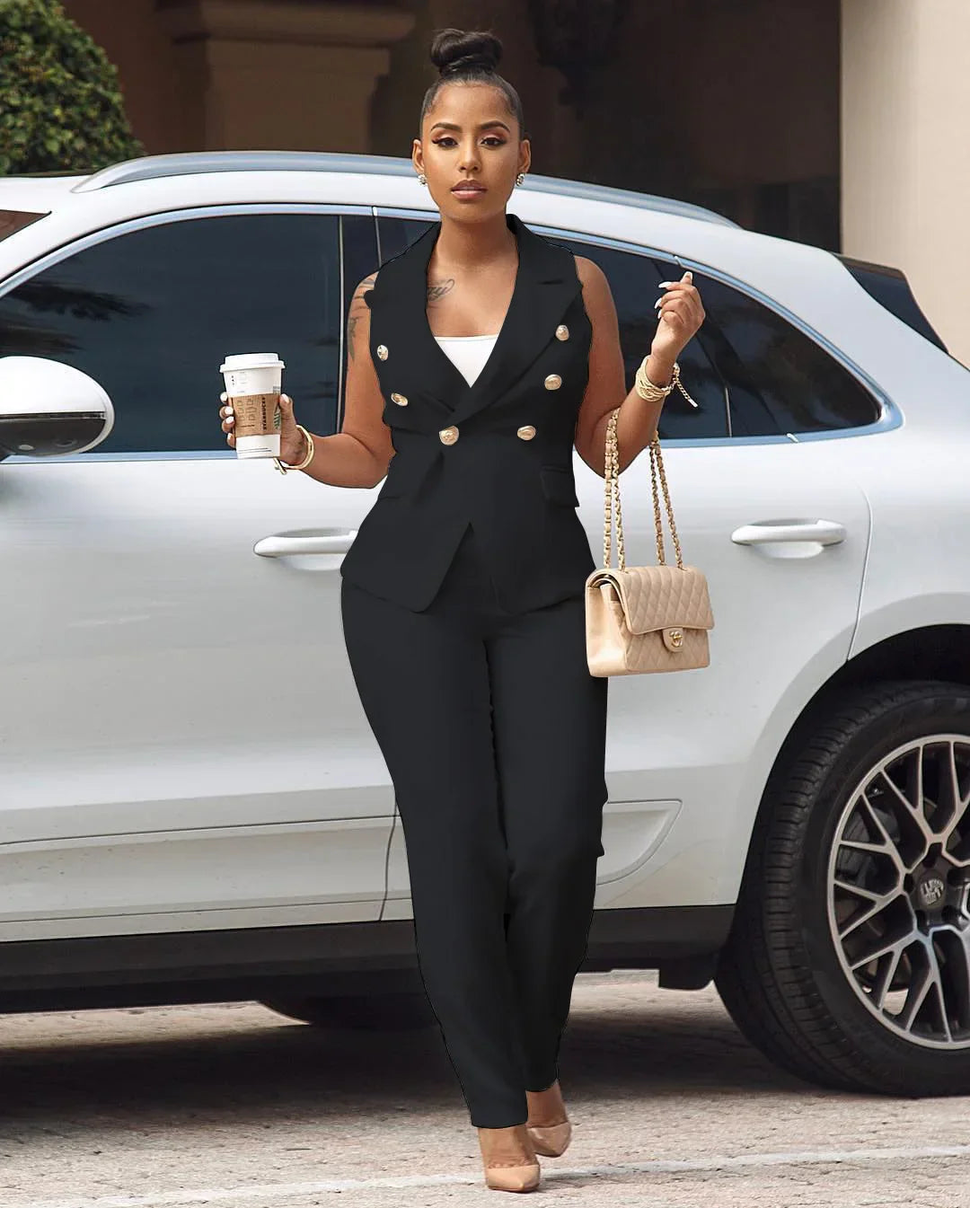 Notch Neck Long Pant Suit