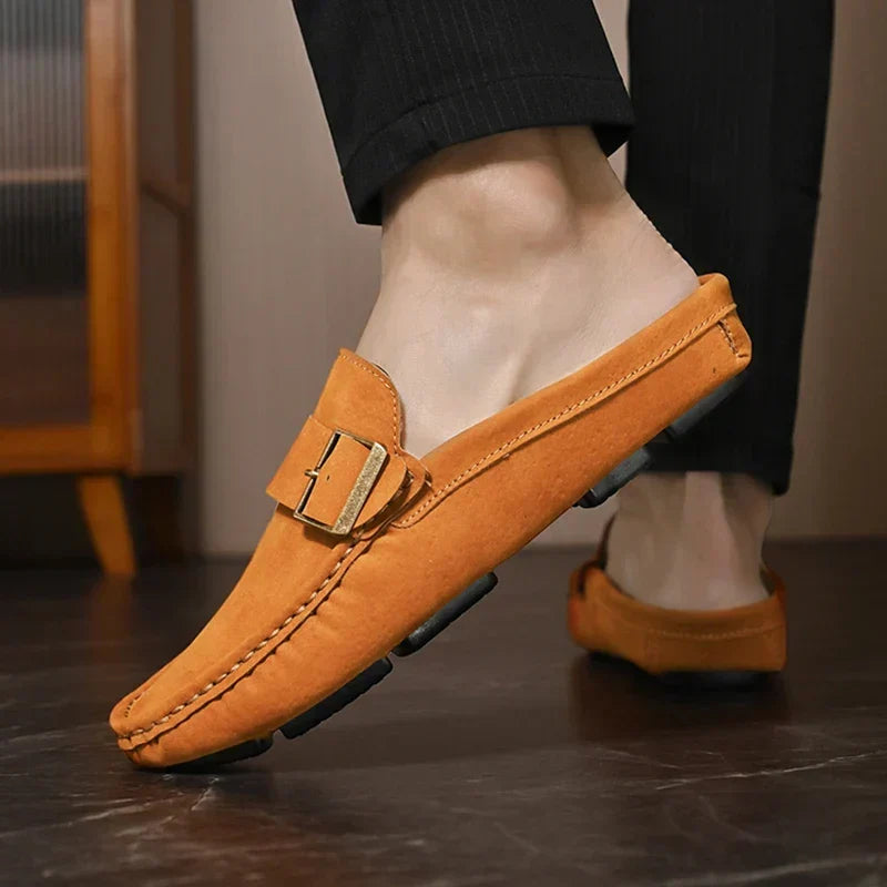 Suede-Look Buckle Backless Loafer Mules