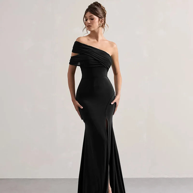Off Shoulder Ruched Mesh Bodice High Split Mermaid Maxi Dress 8