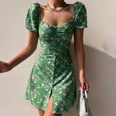 Waist Arm A-Line Puff Women’s V-Neck High Flowered Dress M / Blue Dresses