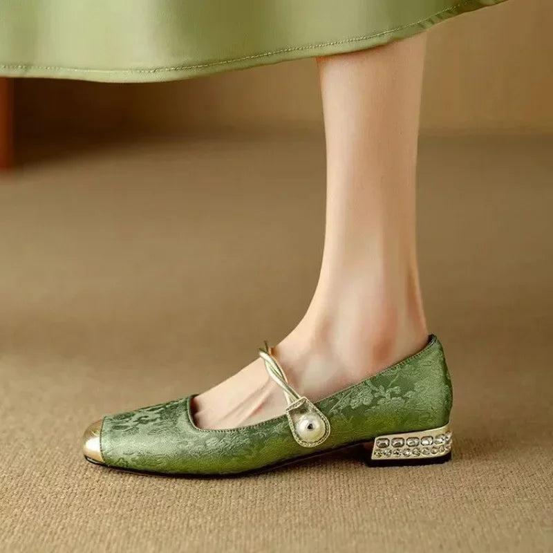 Square Toe Twist Strap Embellished Low Block Heel Mary Jane Pumps