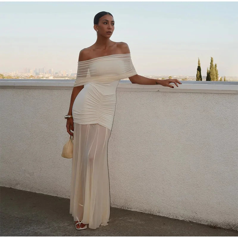 Patchwork Mesh Off Shoulder Midi Dress 8