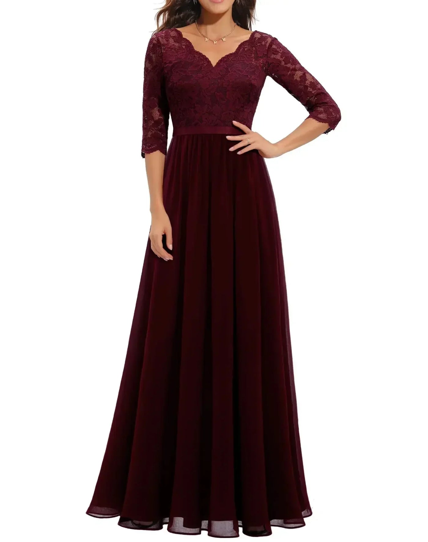 Lace V-Neck Chiffon A-Line Maxi Dress 11