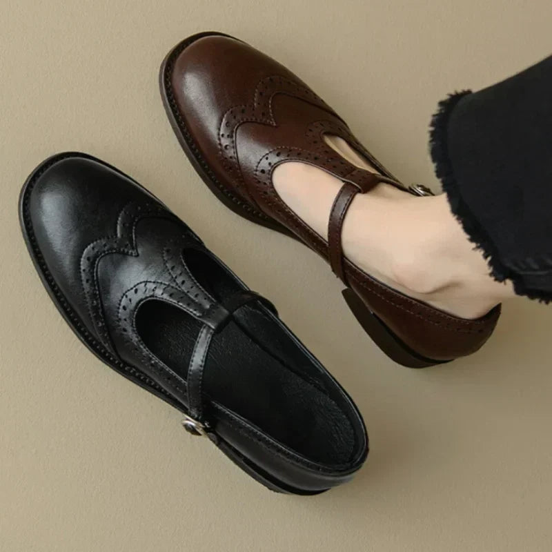 Round Toe Brogue T-Strap Buckle Mary Jane Flats