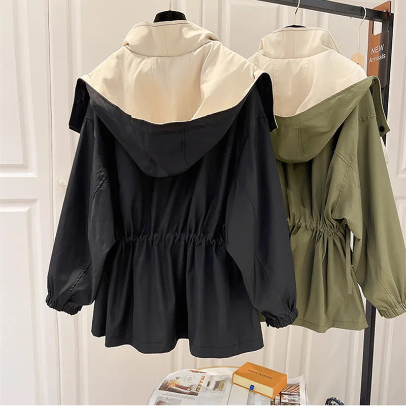 Contrast Collar Button Front Drawstring Windbreaker Jacket