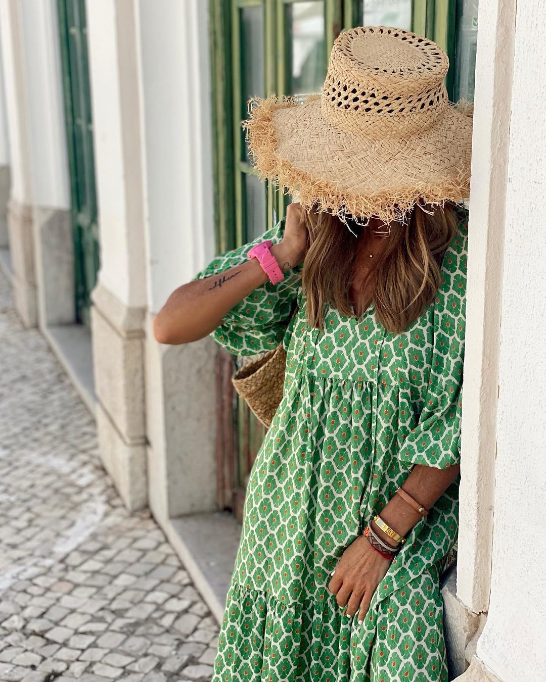 Geometric Print V-Neck Puff Sleeve Tiered High Low Maxi Dress