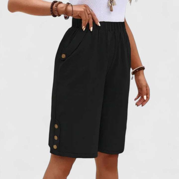 High Waist Side Button Knee Length Bermuda Shorts