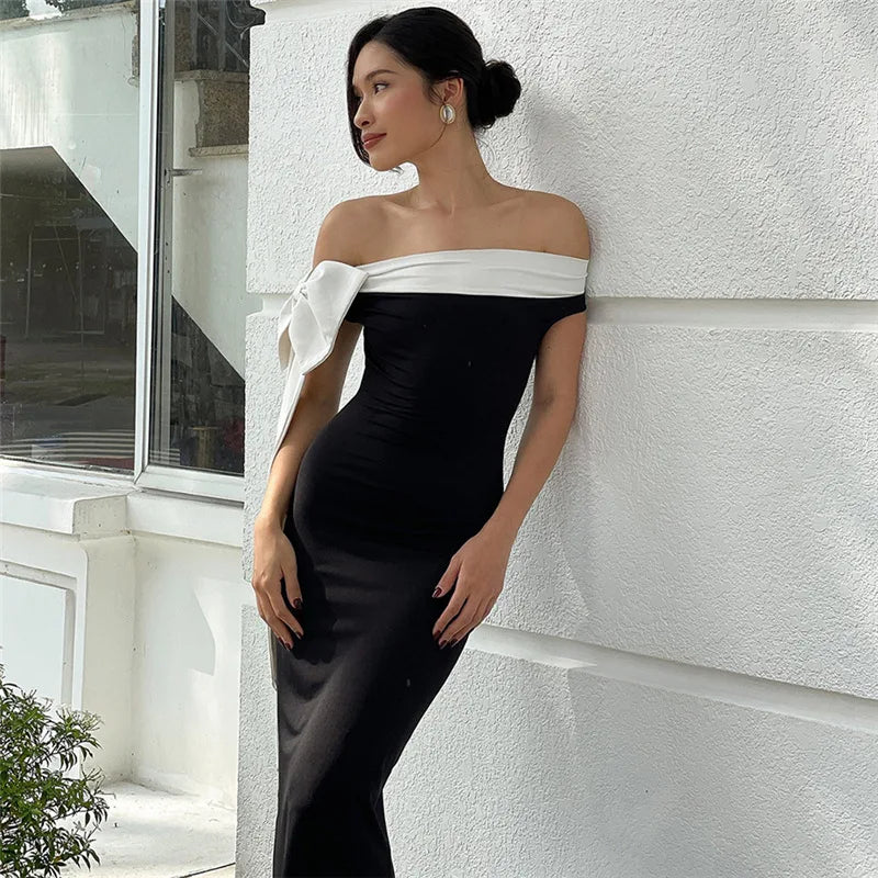 Contrast Trim Off Shoulder Bow Sash Bodycon Midi Dress 18