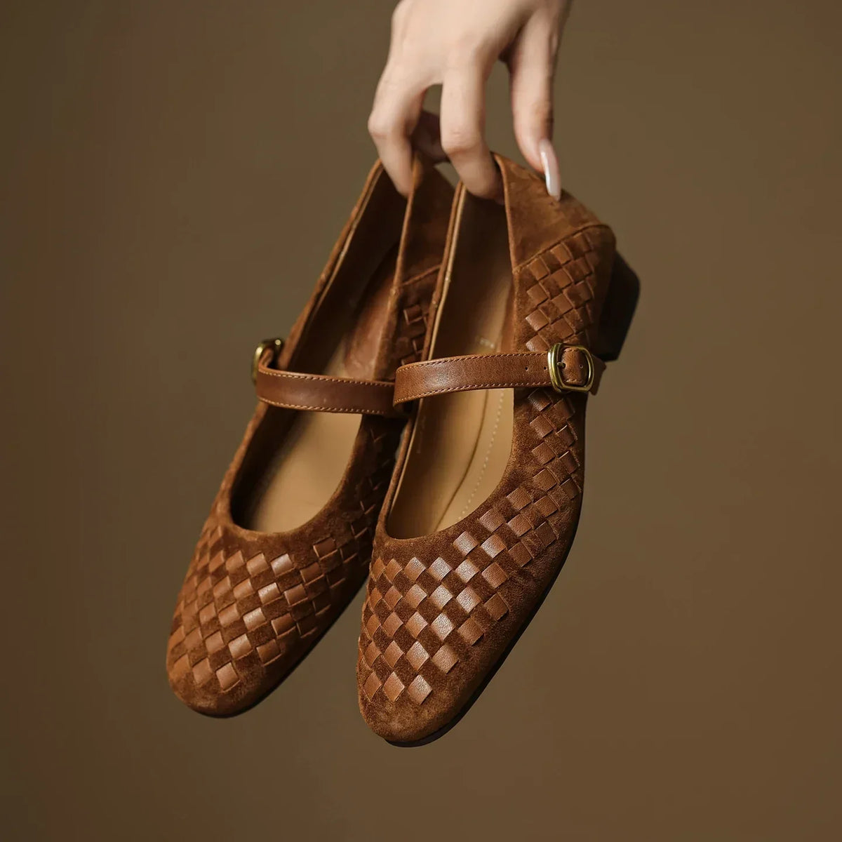 Woven Suede-Look Square Toe Buckle Strap Mary Jane Flats