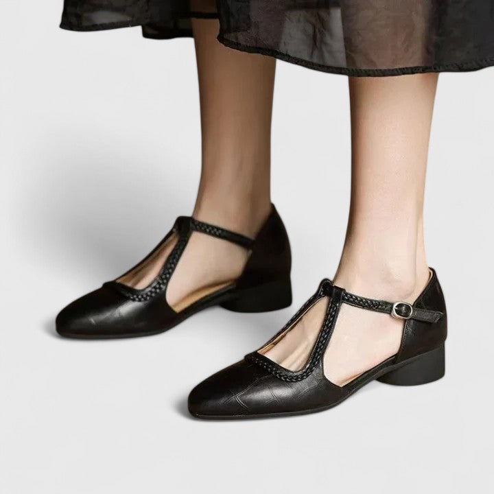 Pointed Toe T-Strap Braided Low Heel Pumps
