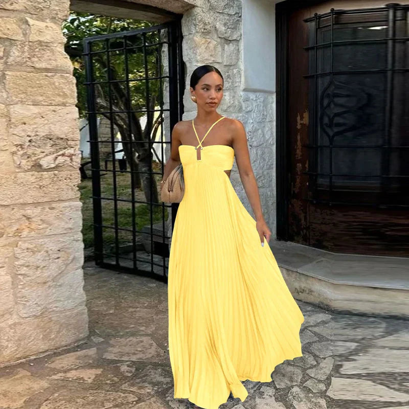 Pleated Edition Blue Halter Maxi Dress