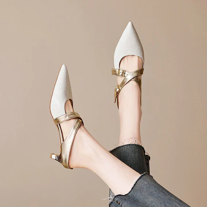 Pointed Toe Cross Ankle Strap Buckle Slingback Heels