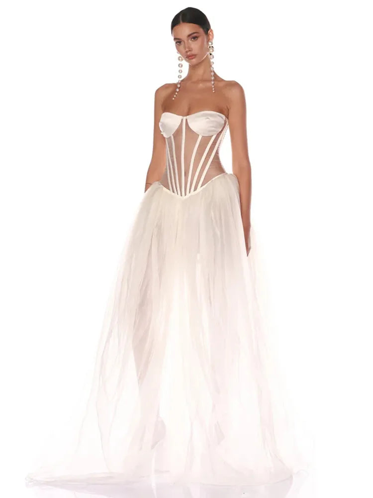 Strapless Satin Bust Sheer Mesh Corset Tulle A-Line Maxi Gown 2
